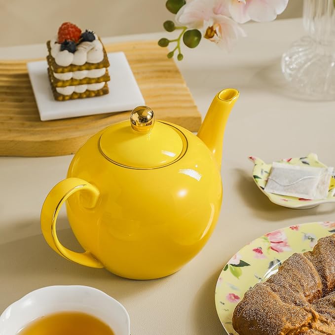 30oz Yellow Porcelain Teapot with a Speckled Glaze, Sunny Ceramic Teapot with Gold Trim for Loose Leaf and Blooming Tea, Tea Party Essential