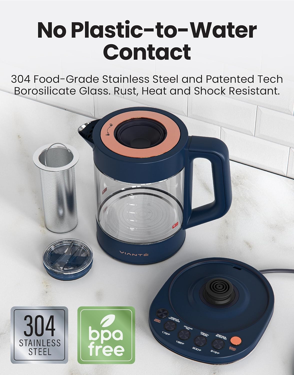 Viante Alba Electric Tea Kettle, Infuser, No Plastic, 1.5L, Midnight Blue | Borosilicate glass &amp; 304 stainless steel construction. 4 temp presets, keep-warm, cordless, auto shut-off