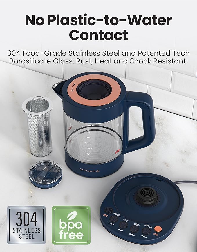 Vianté Electric Kettle With Infuser For Loose Leaf Tea. Hot Tea Maker With Temperature Control And Automatic Shut Off. Kettle With Brewing Programs