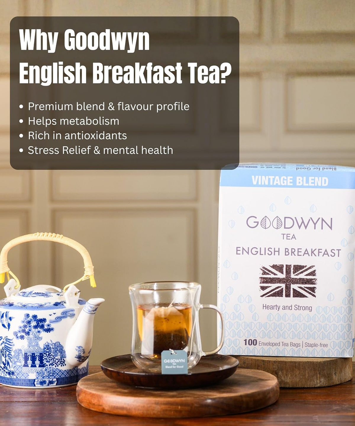 Goodwyn English Breakfast Tea – 100 Individually Wrapped Plastic-Free Tea Bags, Rich Full-Bodied Medium Caffeine Black Tea, Sugar-Free Gluten-Free Travel-Friendly Indian-Origin Chai, Bold Classic Morning Tea, Everyday Tea Sampler