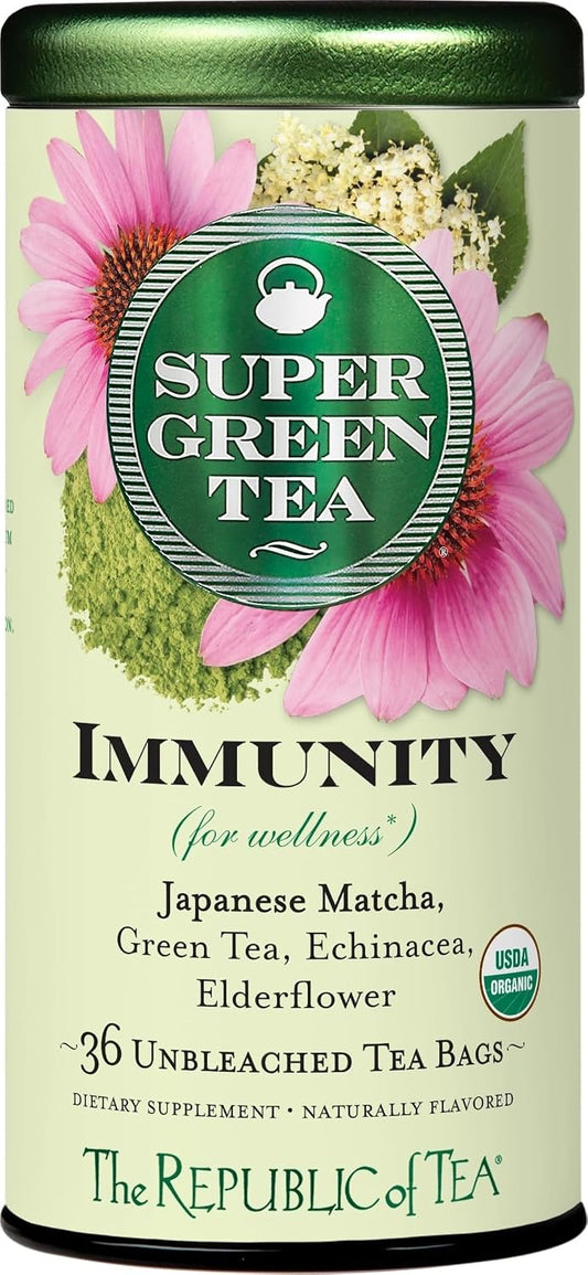 The Republic of Tea SuperGreen Organic Immunity Green Tea, 36 Count | Naturally Caffeinated. Made for morning or afternoon. Fresh with notes of warming ginger. Made with matcha.
