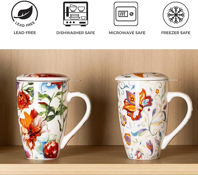 Gbhome Tea Mug with Infuser and Lid, 18 Ounce Large Ceramic Loose Leaf Cup, Microwave, Dishwasher Safe, Perfect for Tea Lovers