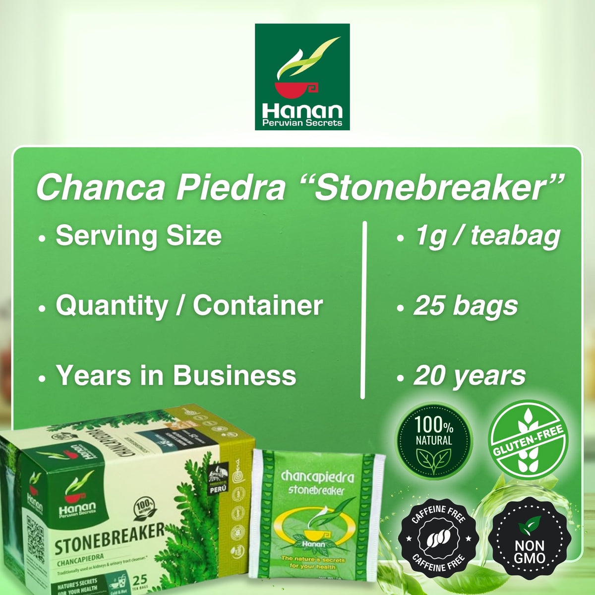 Peruvian Naturals Hanan Chanca Piedra Tea - 25 Teabags of Chanca Piedra Stone Breaker Tea Leaves Wild-Grown in Peru