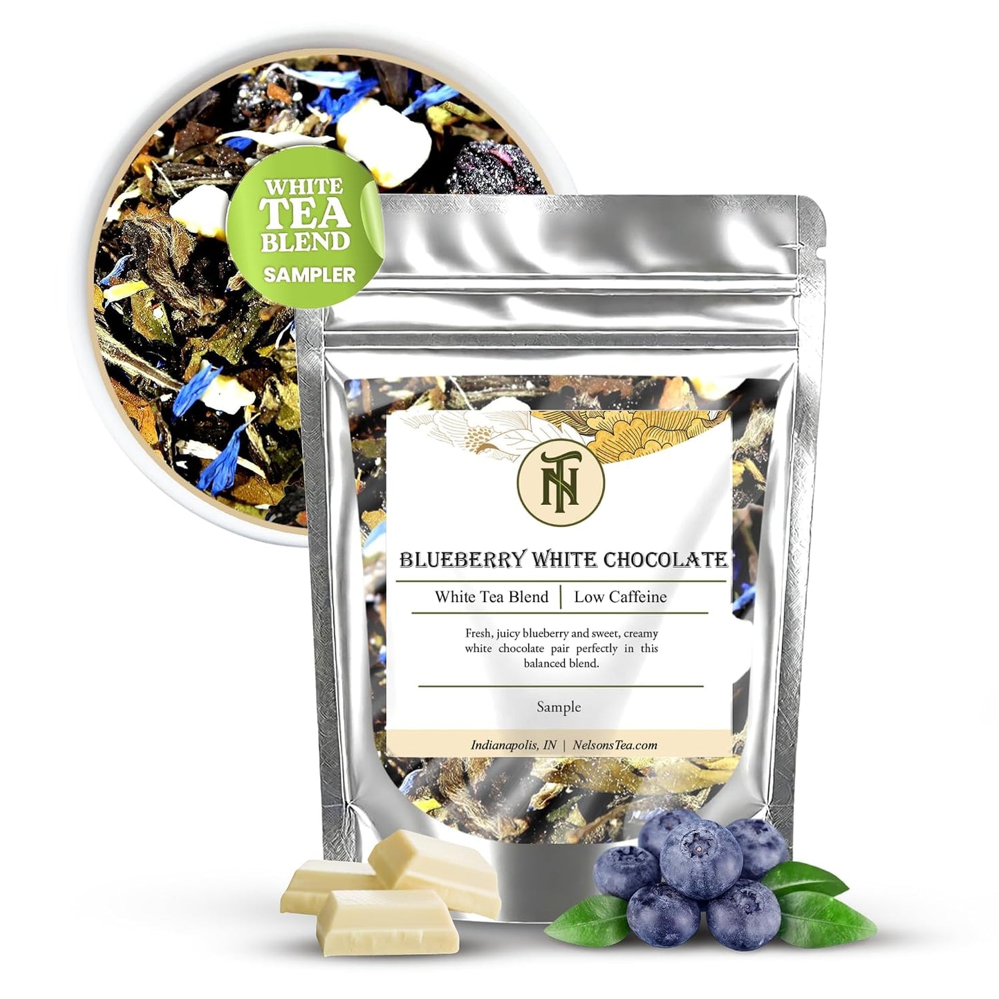 Nelson's Tea Blueberry White Chocolate White Loose Leaf Tea, Sample 0.4 Oz | blueberries • cornflowers • Chocolate • Tea • Loose Leaf Tea • White Chocolate