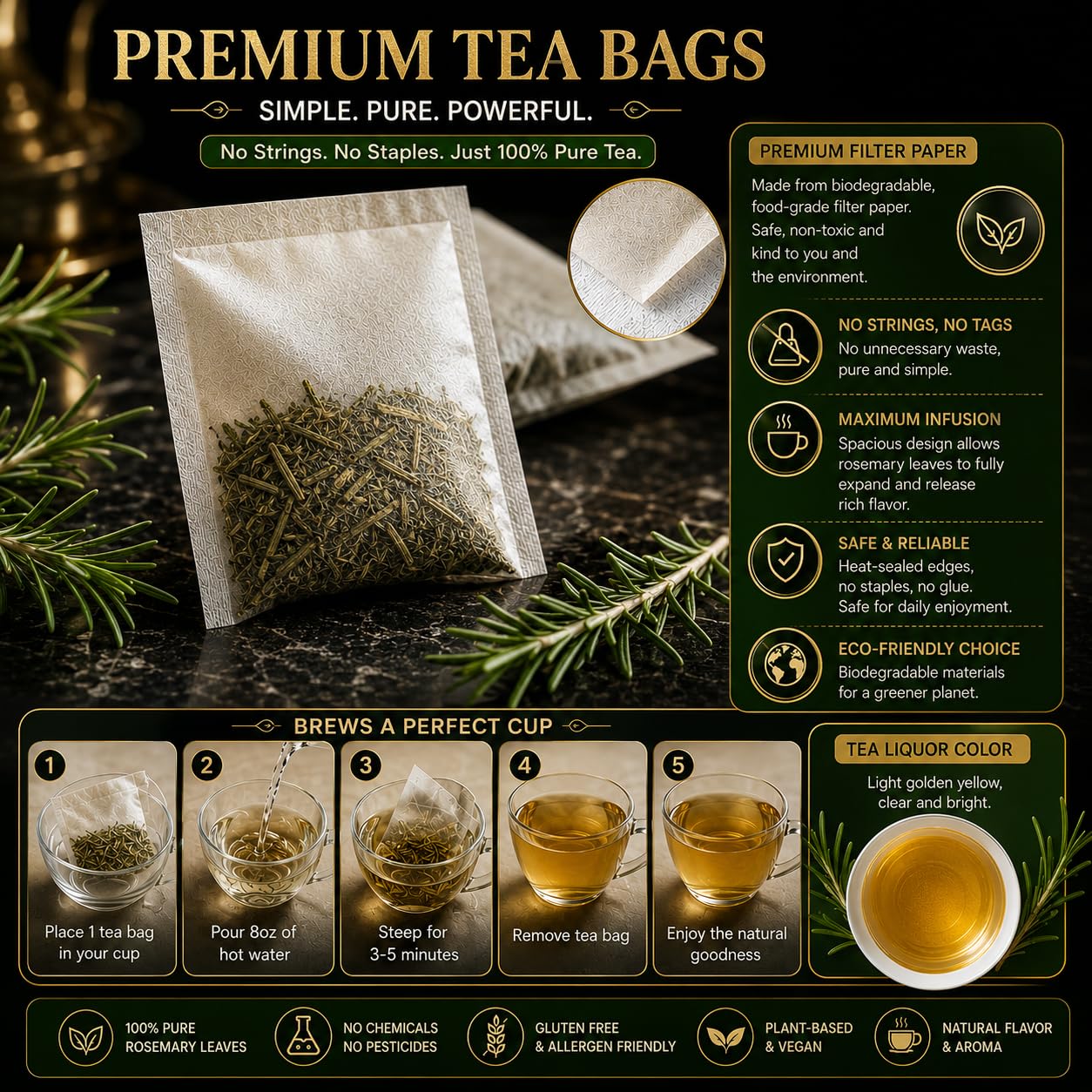 WOTIHA 60 Count Premium Rosemary Leaf Tea Bags - 100% Pure Natural Rosemary Leaves, Stimulating, Antioxidants &amp; Minerals, Caffeine-Free, No Additives.