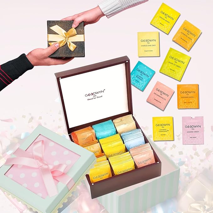 Goodwyn Assorted Tea Sampler Box – 90 Individually Wrapped Tea Bags, Premium Herbal Black and Green Tea Collection in Reusable Wooden Chest, 9 Flavors Peppermint Chamomile Assam Darjeeling Lemon Green Tea Kahwa Jasmine Earl Grey, Gift Set Box