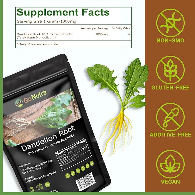Go Nutra Dandelion Root Powder for Tea, Coffee & Beverages | Concentrated 10:1 Dandelion Root Extract Powder, Caffeine Free | Antioxidants, Digestion & Immune System | Non-GMO, Vegan | 8 oz