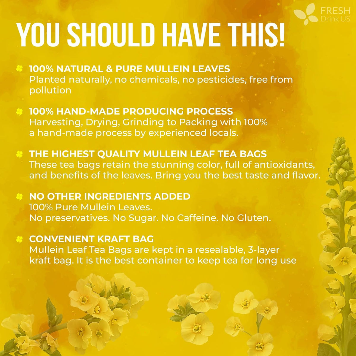 FreshDrinkUS, Premium 80 Mullein Leaf Tea Bags – 100% Natural, Pure, &amp; Caffeine-Free Herbal Tea for Lung – Loose Leaf, No Sugar, Vegan, Gluten-Free, Made with Natural Material Tea Bags