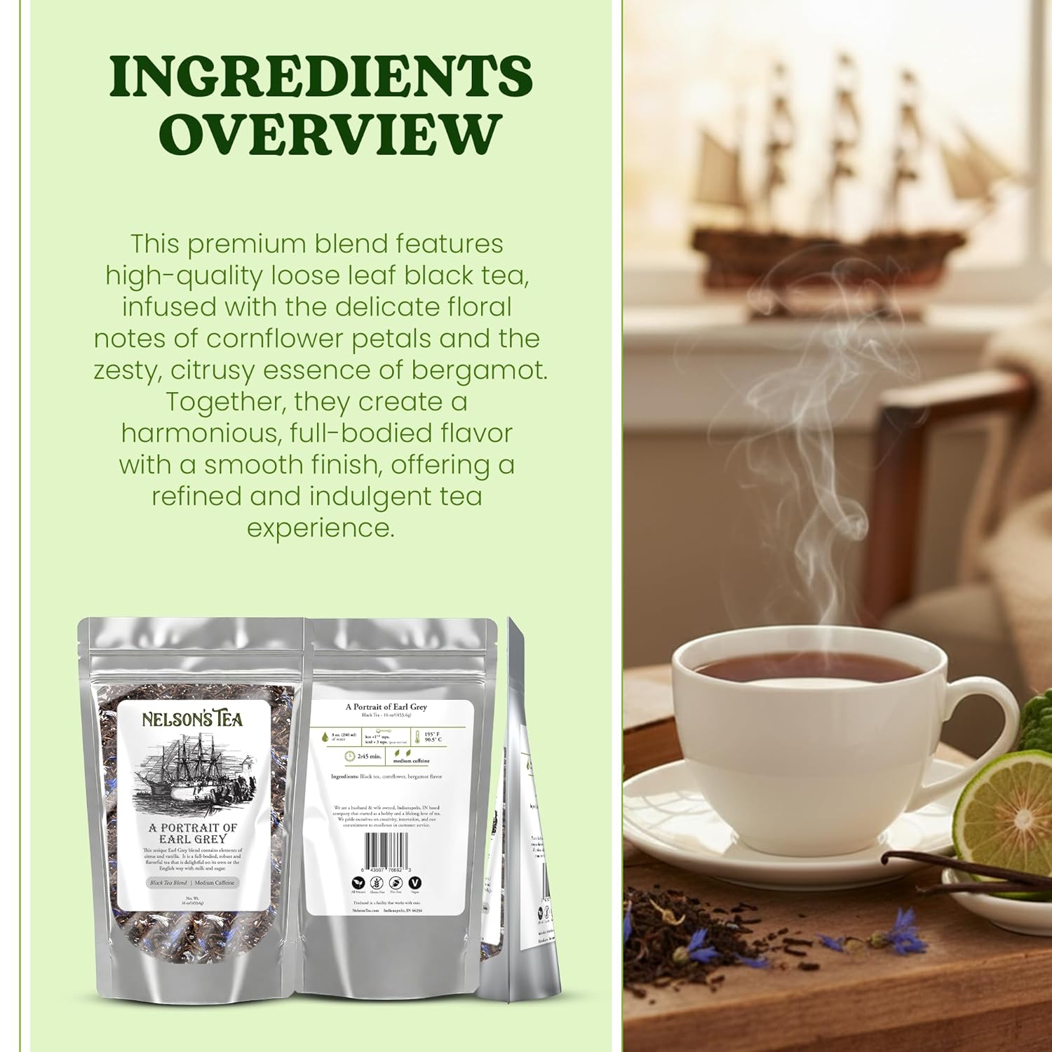 Nelson's Tea - A Portrait of Earl Grey - Exquisite Loose Leaf Black Tea Infused with Cornflower Petals & Bergamot Flavor - Premium Loose Leaf Tea Leaves - Perfect Blend for Tea Enthusiasts - 16 oz.