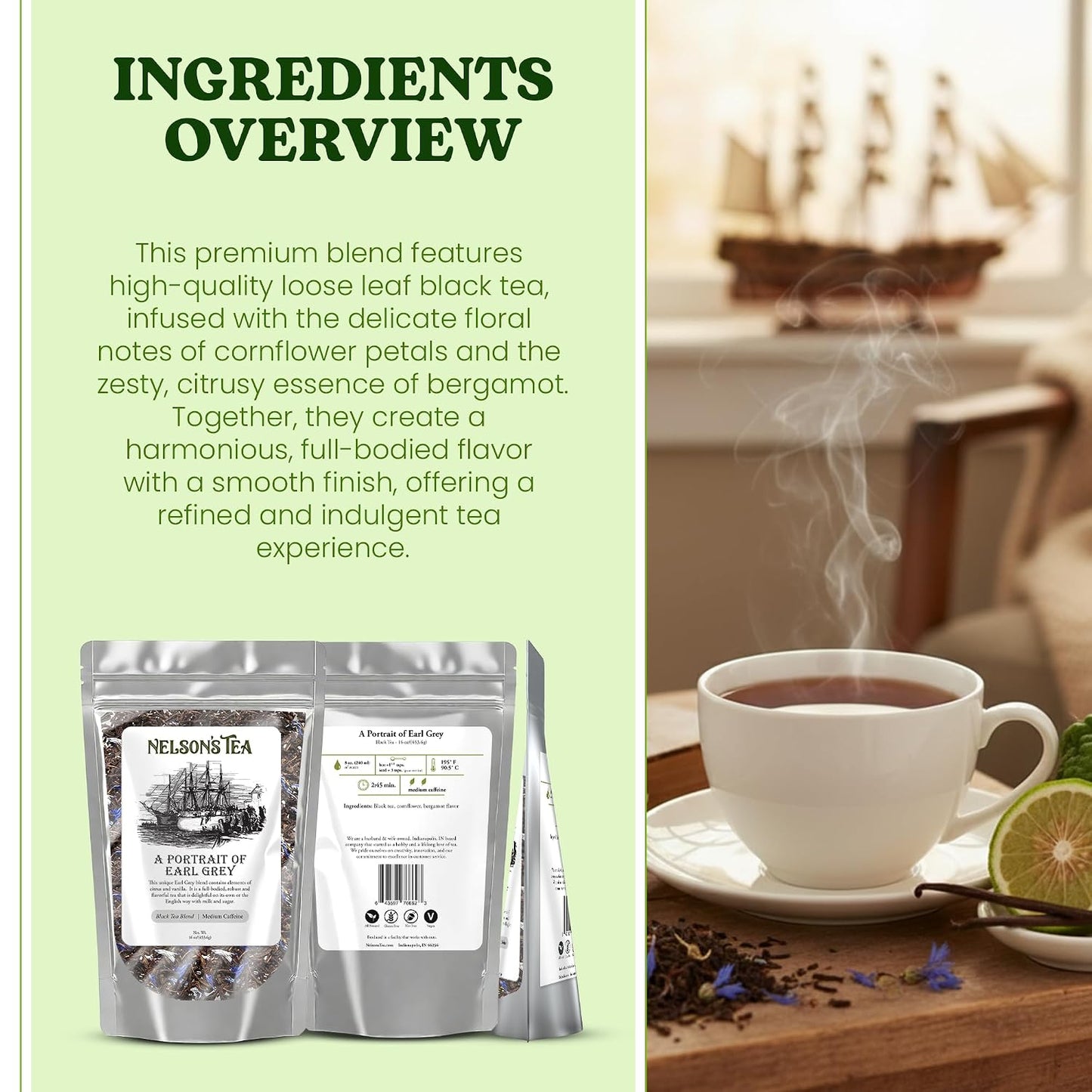 Nelson's Tea Portrait Earl Grey Cornflower Loose Leaf Black Tea, 16 oz | Petals Bergamot Classic • Tea • Loose Leaf Black Tea • Cornflower Petals • Portrait Earl Grey Cornflower Loose Leaf Black