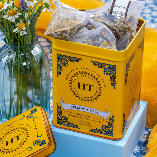 Harney &amp; Sons Master Yellow &amp; Blue Tea Tin - Herbal Blend of Chamomile, Lavender, and Cornflowers - 0.9 Ounces, 20 Sachets 1 Pack | Herbal tea with chamomile, lavender and cornflowers. Naturally caffeine free.