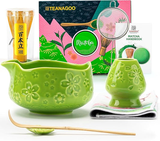 Teanagoo 7-PCS Green Matcha Whisk Set with Cherry Blossom Design, Complete Ceremony Kit, Ceramic Chawan Bowl with Spout, Whisk & Accessories