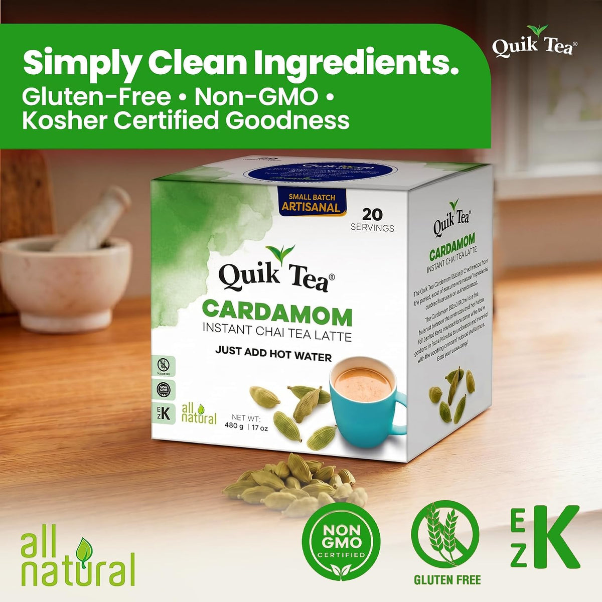 QuikTea Instant Chai Tea Latte Mix, Cardamom, 20 Sachets