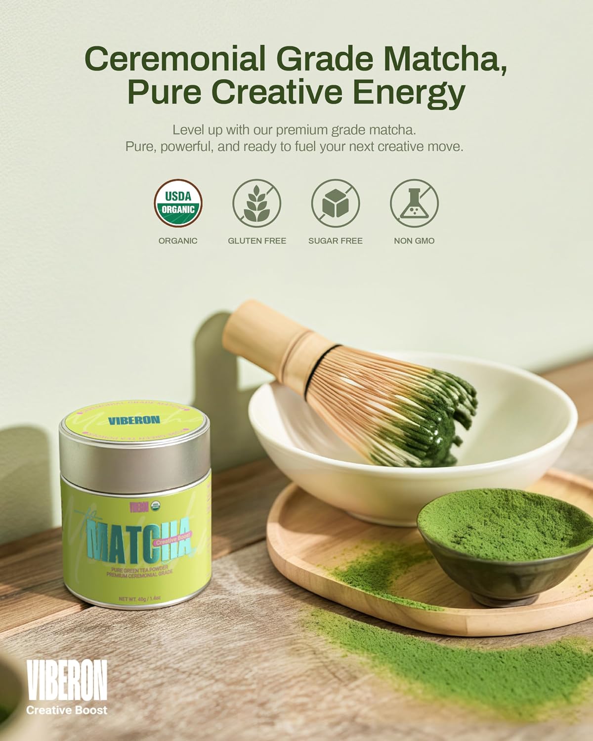 Viberon Organic Ceremonial Matcha Green Tea Powder - Premium Ceremonial Grade, USDA Certified, First Spring Harvest, 100% Pure - Sugar Free, Gluten Free (40g / 1.4oz Tin)