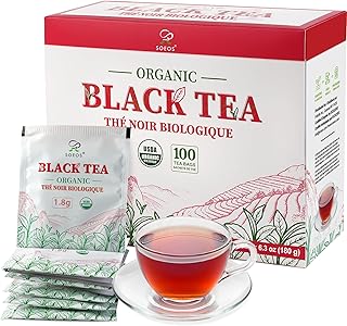 Soeos Organic Black Tea Bags, 6.3oz (180g) 100 Tea Bags, Bold Aroma & Smooth Flavor, Premium Handpicked Tea Leaves, Perfect for Morning Brew or Afternoon Refreshment