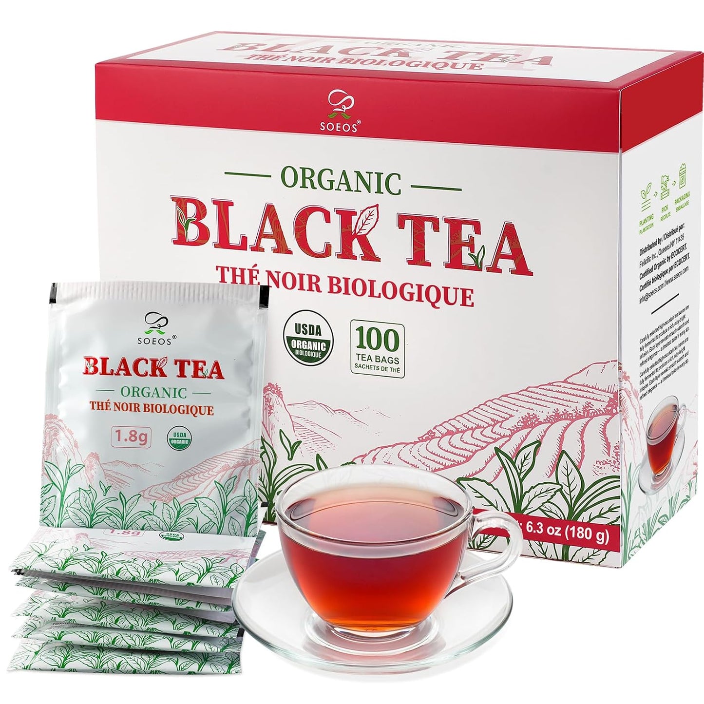 Soeos Organic Black Tea Bags, 6.3oz (180g) 100 Tea Bags, Bold Aroma & Smooth Flavor, Premium Handpicked Tea Leaves