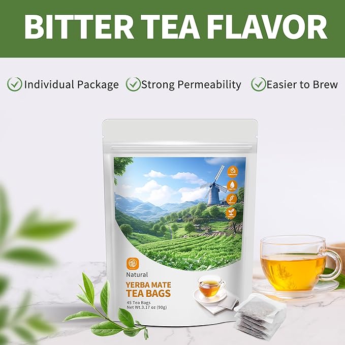 Yerba Mate Tea Bags 45 Tea Bags Organic -Supports Cardiovascular & Digestive Systems, Keep youth，with Madein.