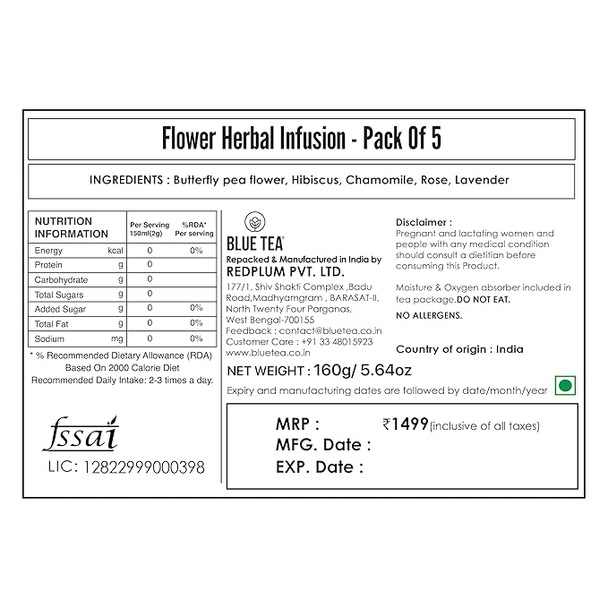 BLUE TEA - Flower Tea Combo - 5.64 Oz (Pack of 5) | Black Deals Friday 2025 | Butterfly Pea, Rose, Hibiscus, Chamomile, Lavender | VARIETY PACK | Caffeine Free - Non-Bitter - Herbal Tea - Flower Based | Pet Jar Pack