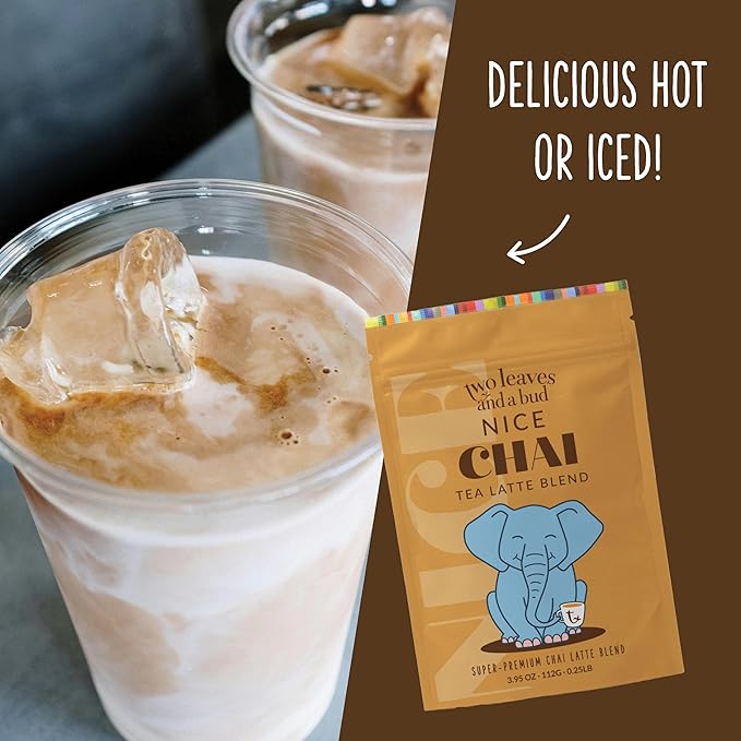 Two Leaves and a Bud Nice Chai Latte Mix, Powdered Chai Latte Tea Mix, Vegan, Dairy Free, Low Sugar, Iced or Hot Lattes, 1 Resealable Bag, 3.95 oz