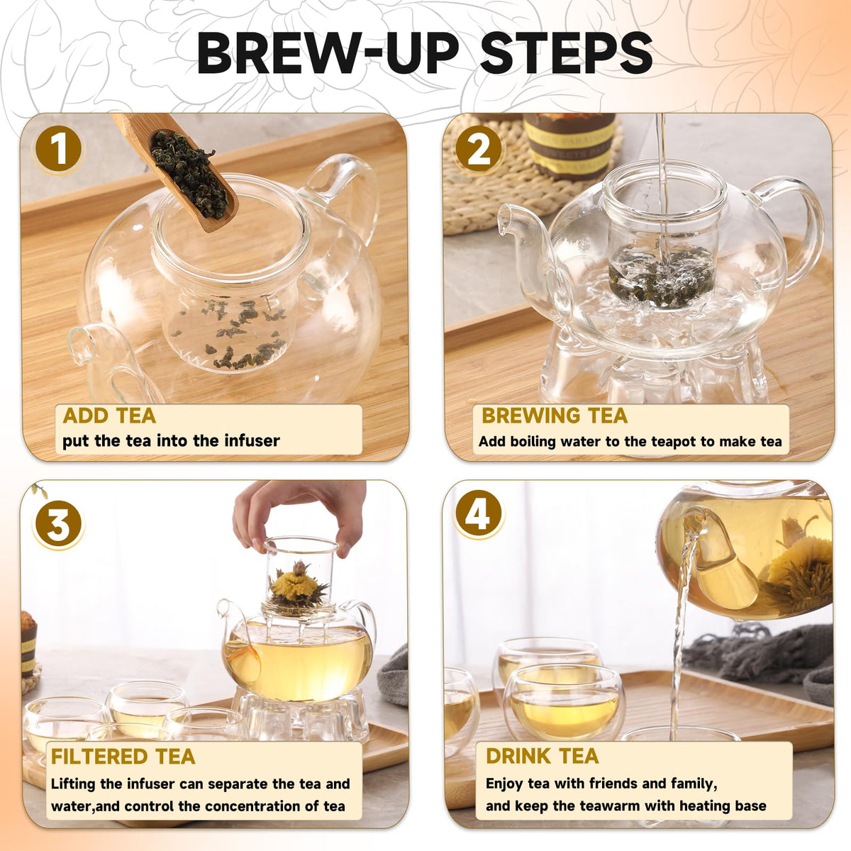 GURUDAR Glass Teapot Set, 34OZ/1000ML Glass Tea Kettle with Loose Tea Infuser & Warmer, 5OZ/150ML Double-Wall Tea Cup Set of