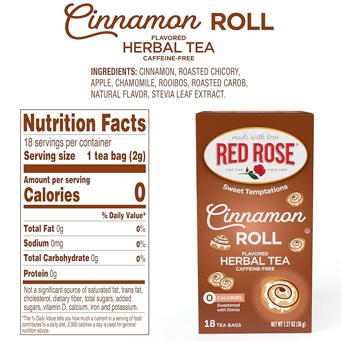 Red Rose Sweet Temptations Dessert Tea Cinnamon Roll, Zero Carbs, Zero Sugar Bursting with Flavor Caffeine-Free Delicious Beverage Herbal Tea, 18 Count Pack of 6 Fruit Naturally Flavored Herbal Tea