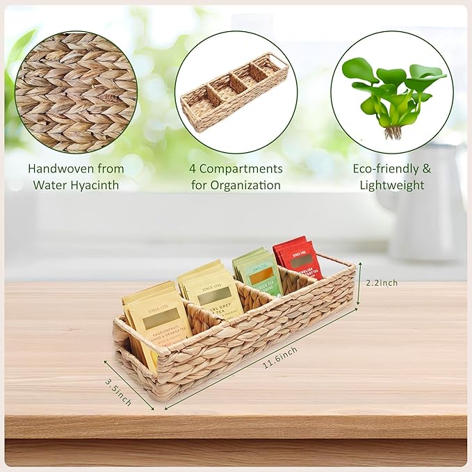 Trovea Wicker Tea Organizer and Storage Box, 4-Compartment Water Hyacinth Tea Bag Holder for Tea Bar, Drawer, and Countertop Organization