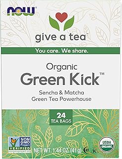 NOW Foods, Certified Organic Green Kick Tea, with Polyphenols, Premium Unbleached Tea Bags with No-Staples Design, No Added Colors, Preservatives, Flavors, or Sugars, 24-Count