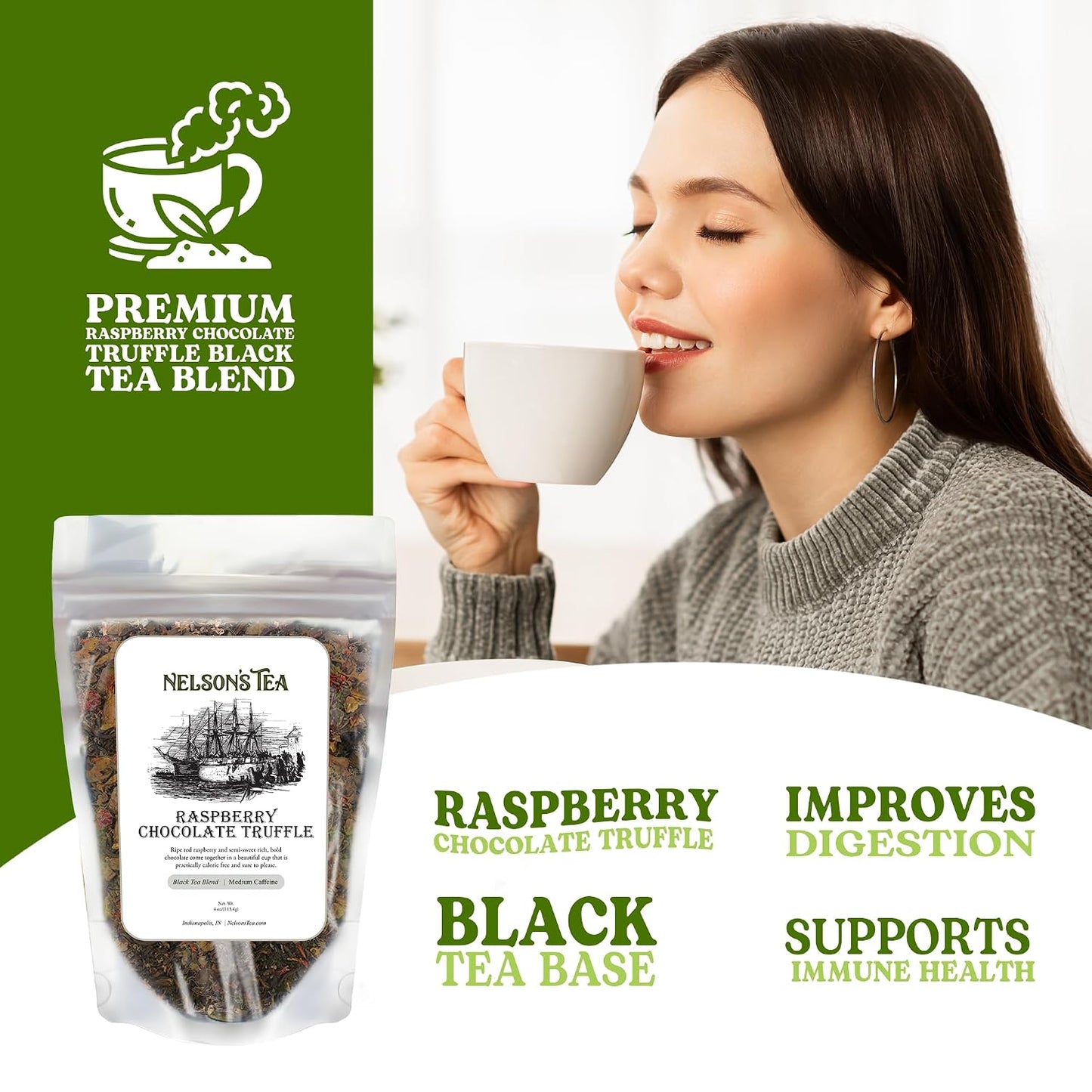 Nelson's Tea Raspberry Chocolate Truffle Leaf Loose Leaf Black Tea, 4 oz | Rooibos • Carob Beans • Hibiscus • Chocolate • Tea • Loose Leaf Tea • Raspberry • Black Tea