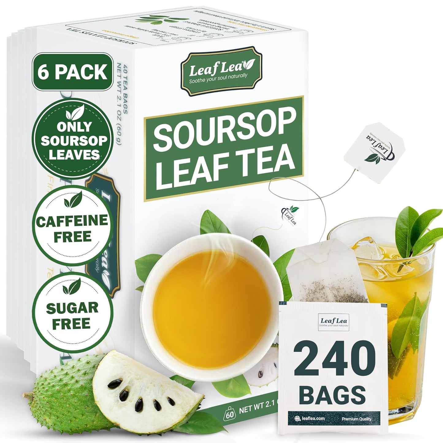 LeafLea Soursop Leaf Tea Bags, From Soursop Graviola Leaves, 240 Count