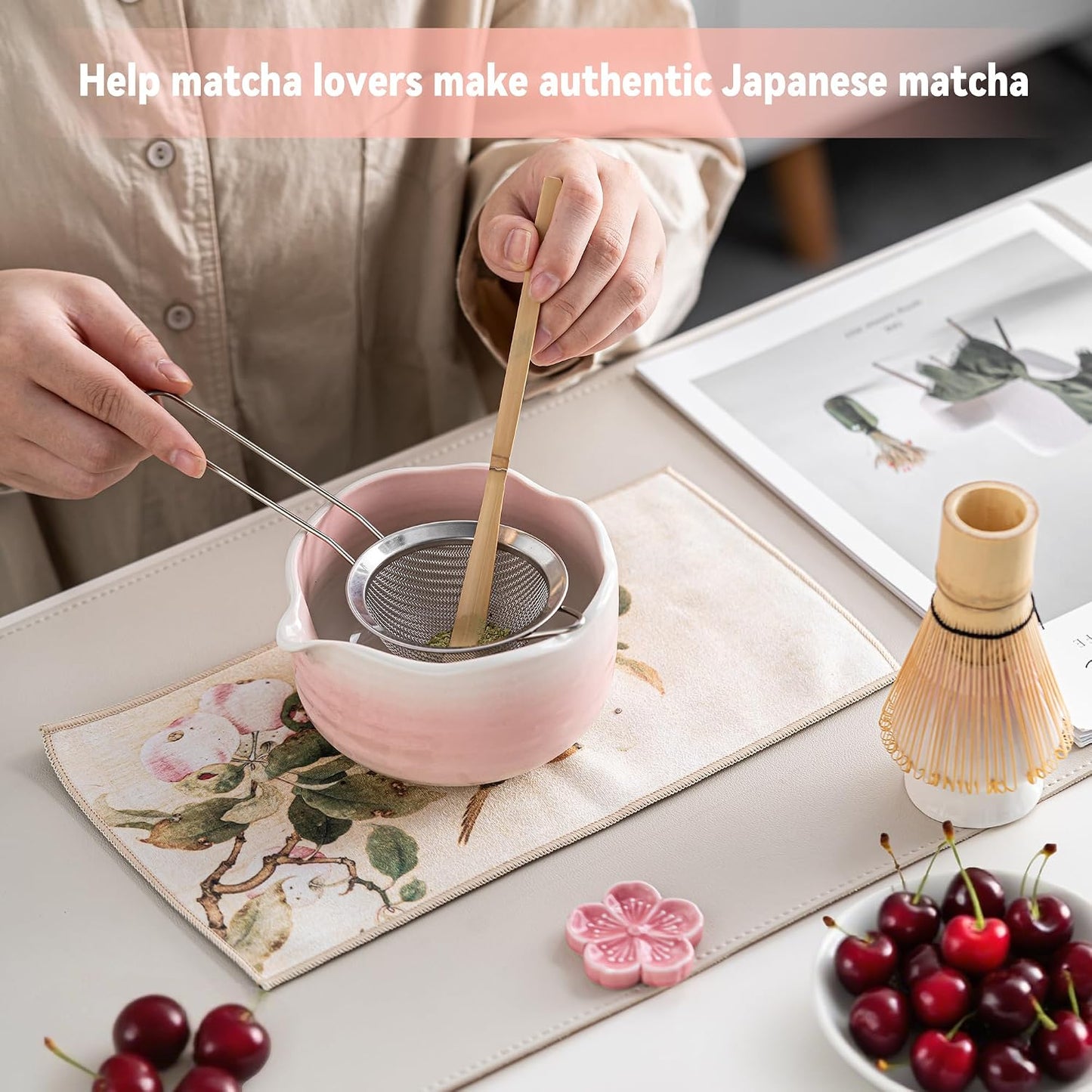 Matcha Whisk Set Ceramic Matcha Set Includes Bowl,Spout Bamboo Chasen Whisk with Ceramic Holder, Matcha Scoop and Stainless Sifter, Matcha Kit Valentine's Day Gifts for Women(7Pcs,Pink)