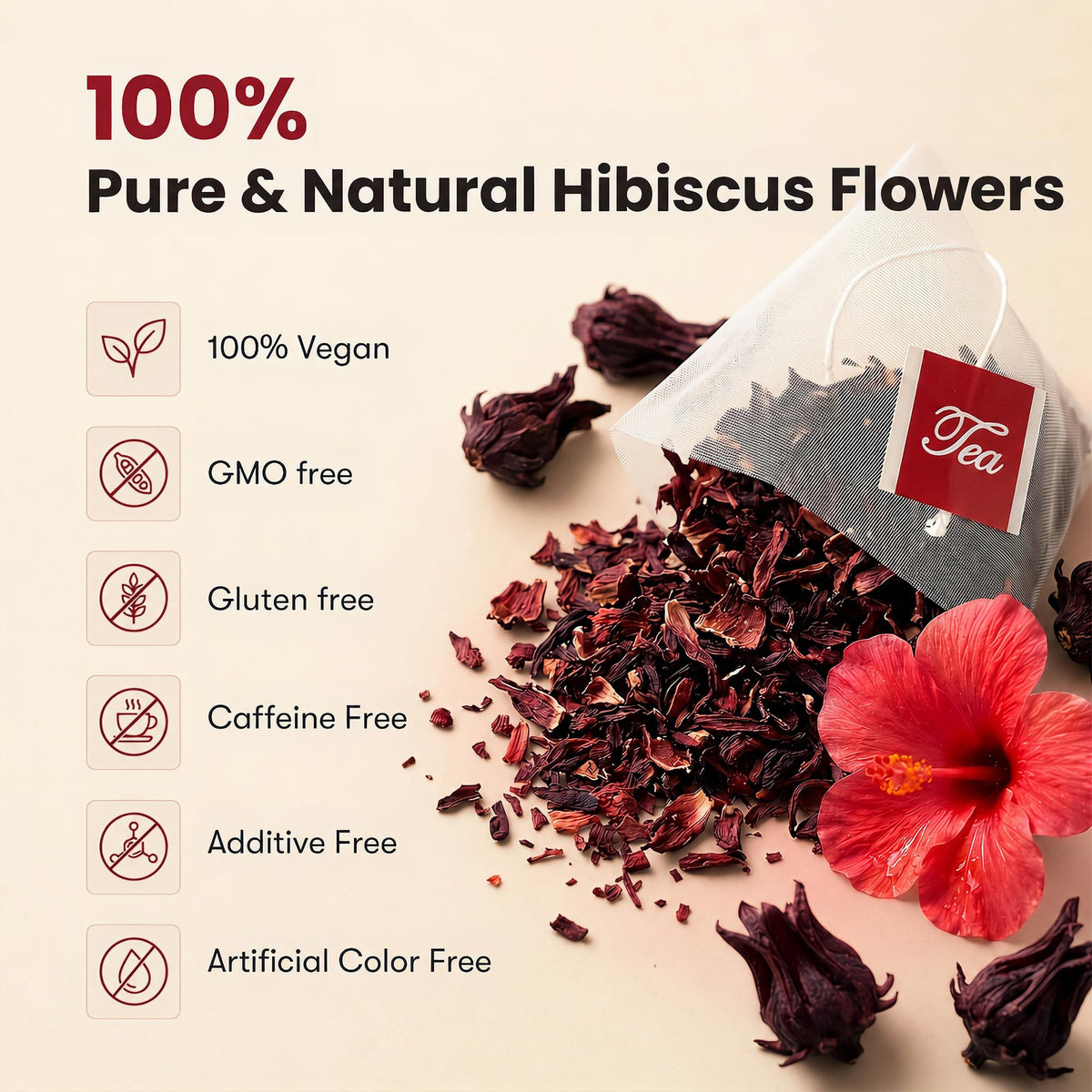 NUTRITIONLABS Hibiscus Tea Bags, 100% Dried Hibiscus Flower, Caffeine Free, 60 Count
