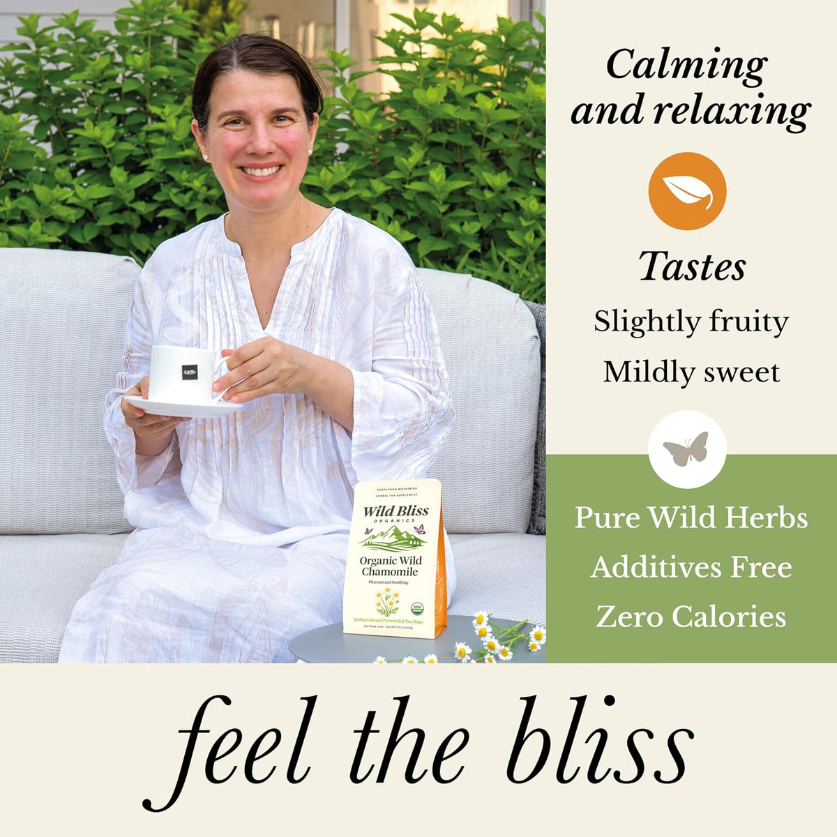 Wild Bliss Organic Chamomile Tea - Caffeine Free Calming Herbal Support - Pharmacopoeia Potency - 20 Plant Based Tea Bags