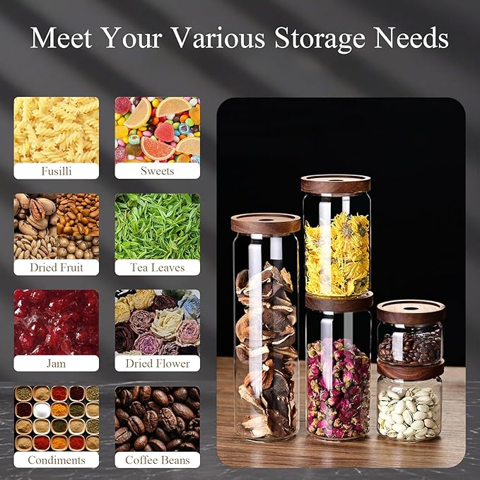 Glass Jars with Airtight Wood Lids - 12 oz Mini Kitchen Pantry Storage Containers, Stackable Decorative Canisters for Chia Seed, Sugar, Tea, Spice, Salt, Matcha, Nuts, Sauce, Cocoa powder, Set of 2