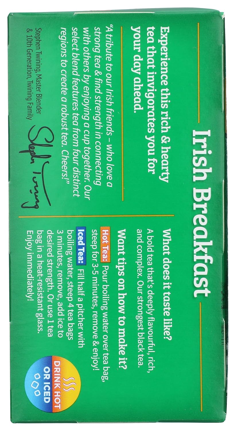 Twinings Irish Breakfast Tea, Robust and Flavourful Caffeinated Black Tea Bags Individually Wrapped, 20 Count