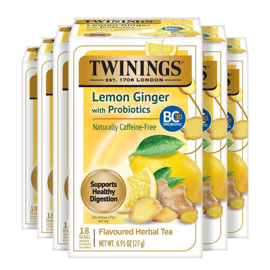 Twinings Lemon &amp; Ginger with Probiotics Herbal Tea Bags 18 CT Box (6 Pack)