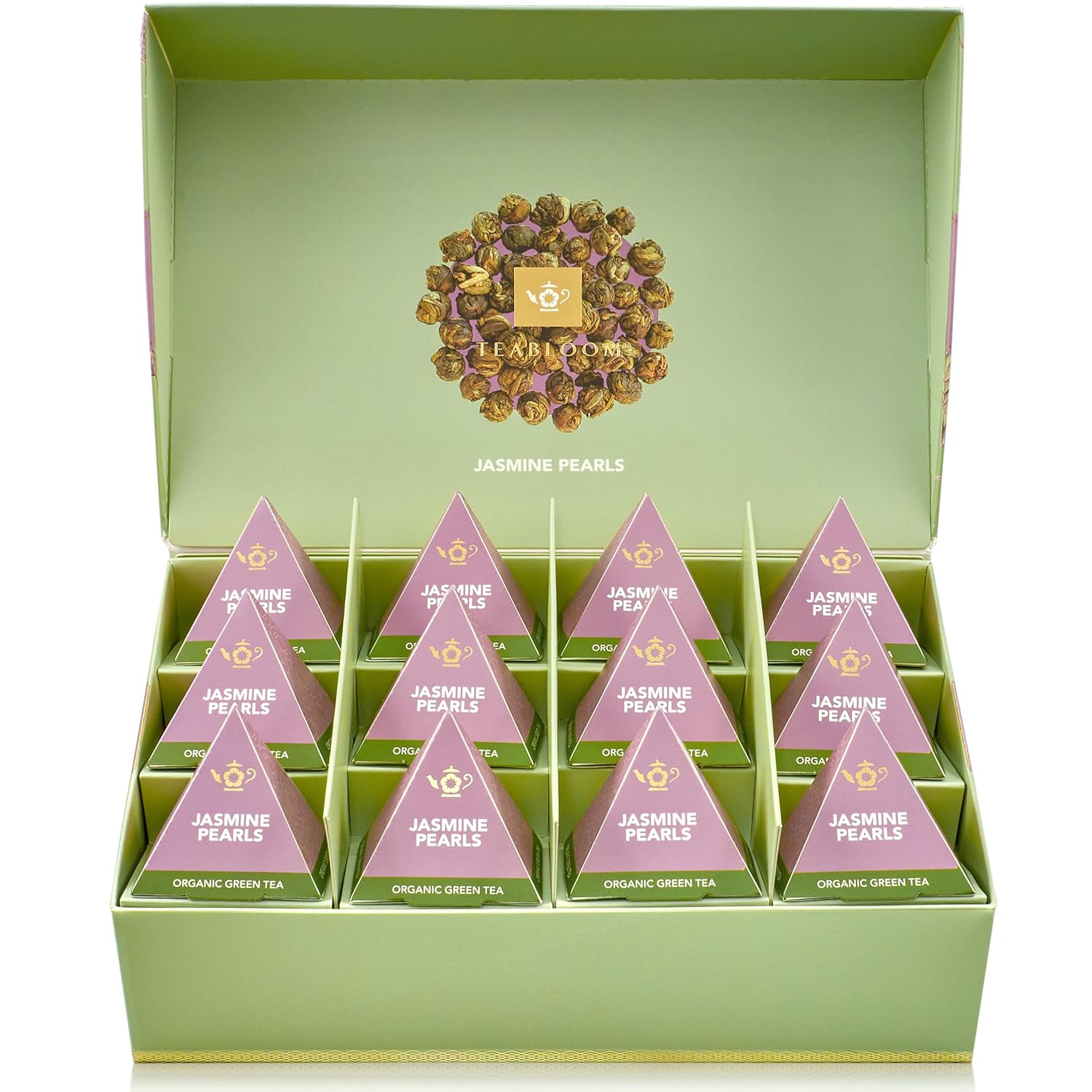 Teabloom Jasmine Pearls – USDA Organic Jasmine Green Tea in Plant-Based Pyramid Sachets – Luxury Tea Gift Box with 12 Compostable Sachets – Kosher Certified