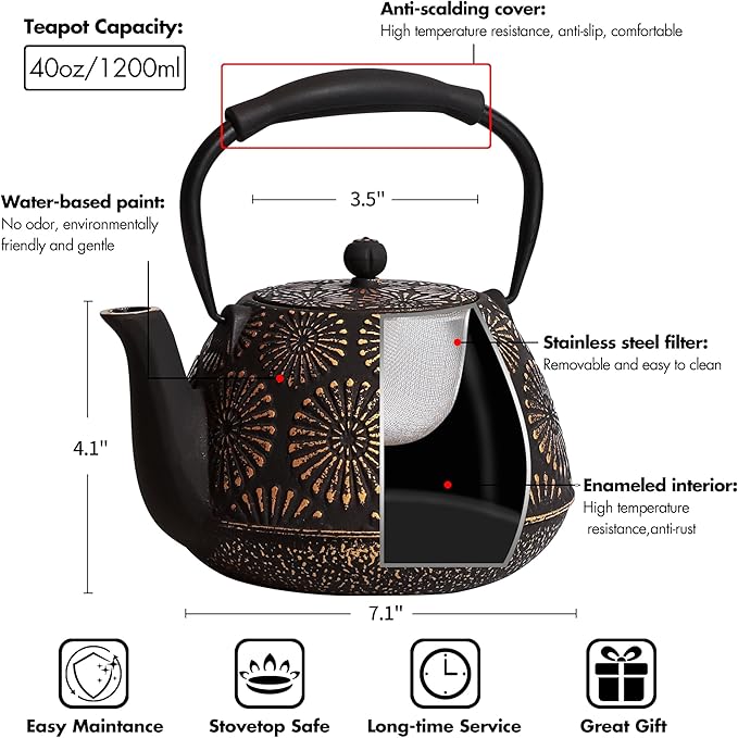 Cast Iron Teapot, 40oz Tea Kettle with Infuser for Stove Top, Sakura Design Japanese Tea Pot for Tea&Coffee Coated with Enameled Interior