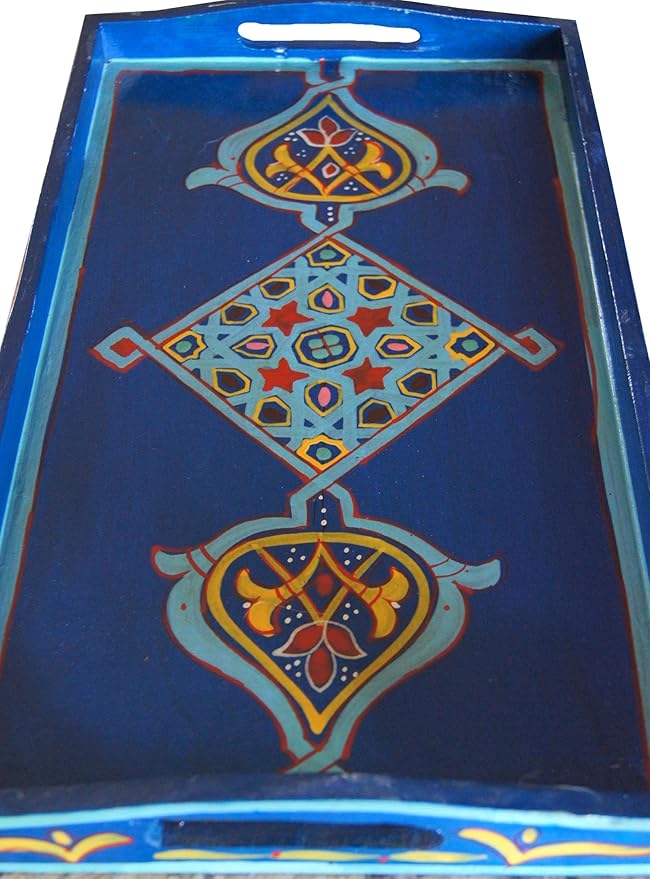 Handmade Moroccan Wood Tray Serving Painted Decorative with Handle for Tea Coffee Breakfast in Bed