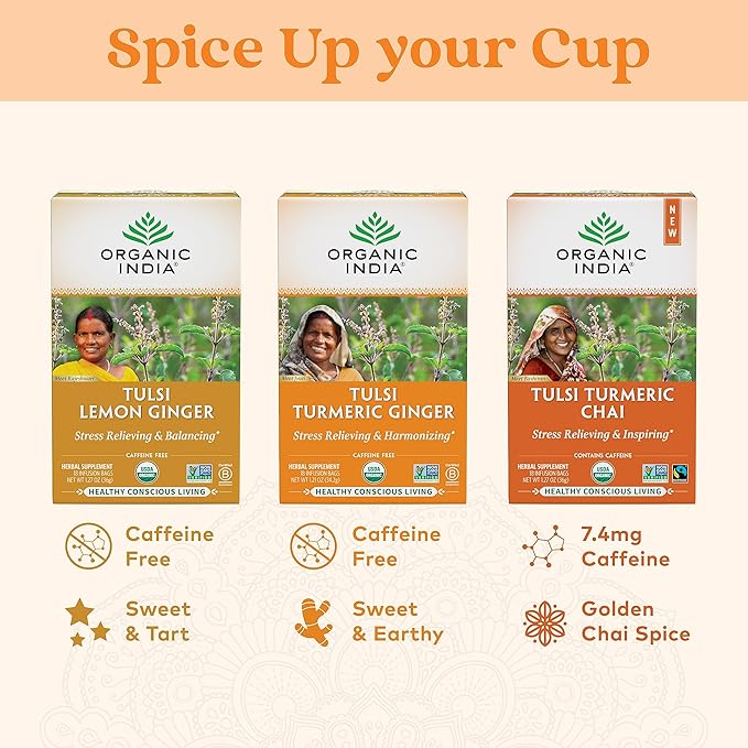 Organic India Tulsi Tumeric Ginger Herbal Tea - Stress Relieving & Harmonizing, Immune Support, Aids Digestion, Vegan, Caffeine-Free