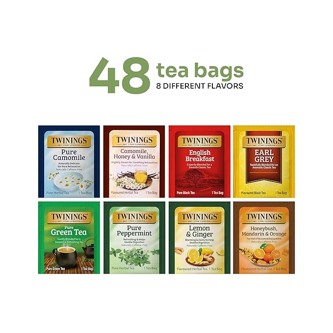 Twinings 48 Tea Bags Herbal Variety Pack – 8 Herbal Flavors Caffeine-Free, Individually Wrapped, Perfect Tea for Any Occasion
