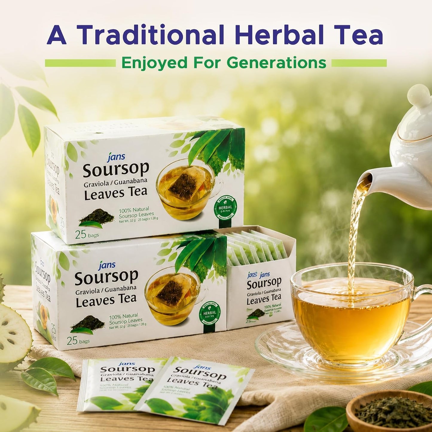Jans Soursop Tea Bags, 50 Count, 2 Pack of 25, 100% Natural Soursop Leaves