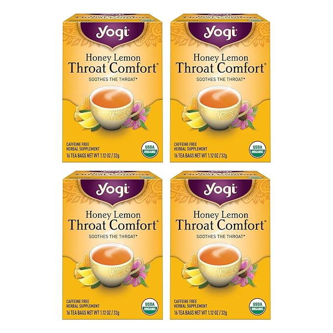 Yogi Tea Honey Lemon Throat Comfort - 16 Bags per Pack (4 Packs) - Soothing Organic Honey Tea - Includes Lemongrass, Peppermint Leaf, Licorice Root