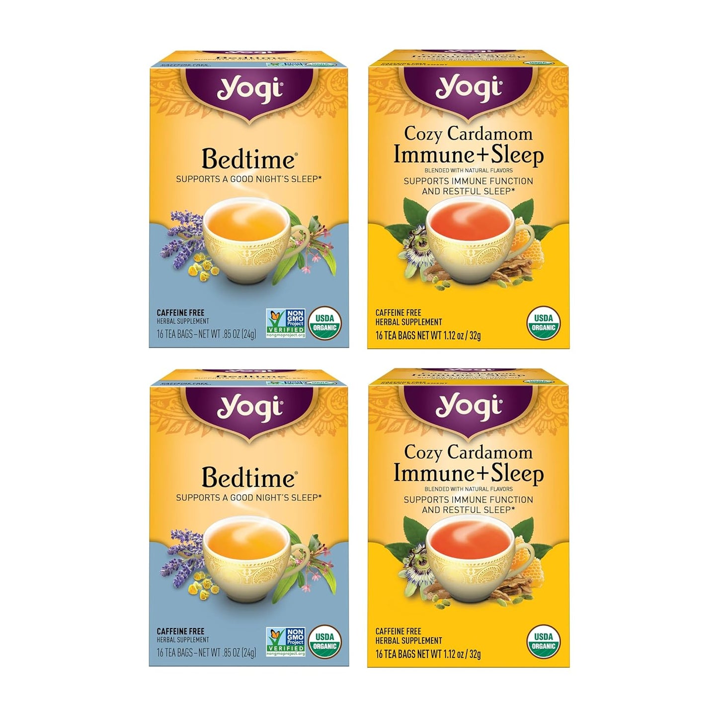 Yogi Tea Sleep & Immunity Variety Pack (4 Pack, 16 ea) - Supports a Good Night's Sleep - Organic Caffeine-Free Teas