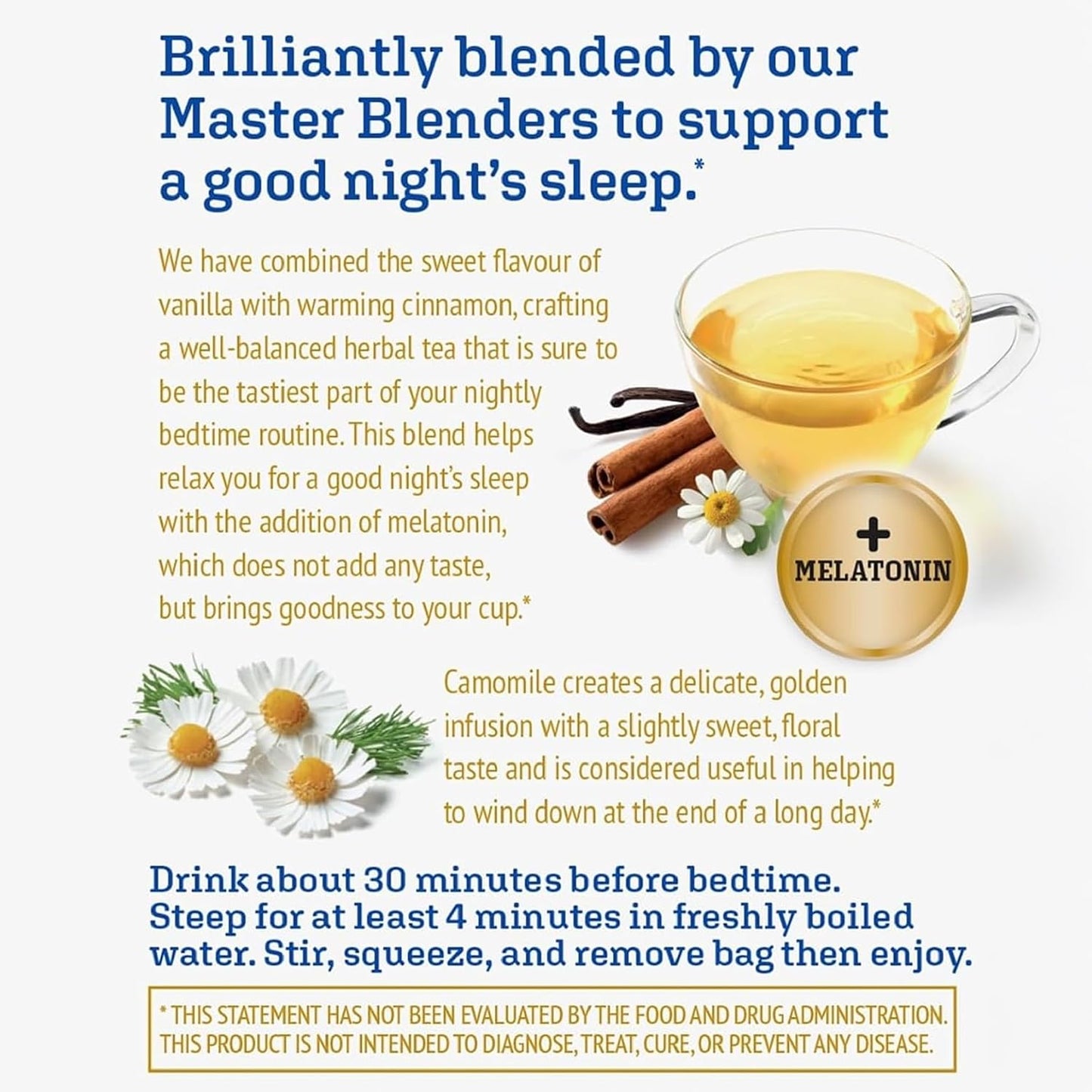 Twinings Sleep+ Camomile with Melatonin Herbal Tea Bags, 16 CT Box (6 Pack) | 1mg Melatonin Added to Camomile, Cinnamon &amp; Vanilla to Make Bedtime Better, Caffeine-Free, 96 Individually Wrapped Tea Bags