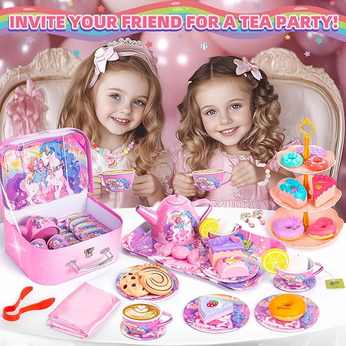 Unicorn Tea Party Set for Little Girls, Toddler Princess Toy Tea Set, Pretend Play Teapot Dessert Tea Cup Set Food Kitchen Playset