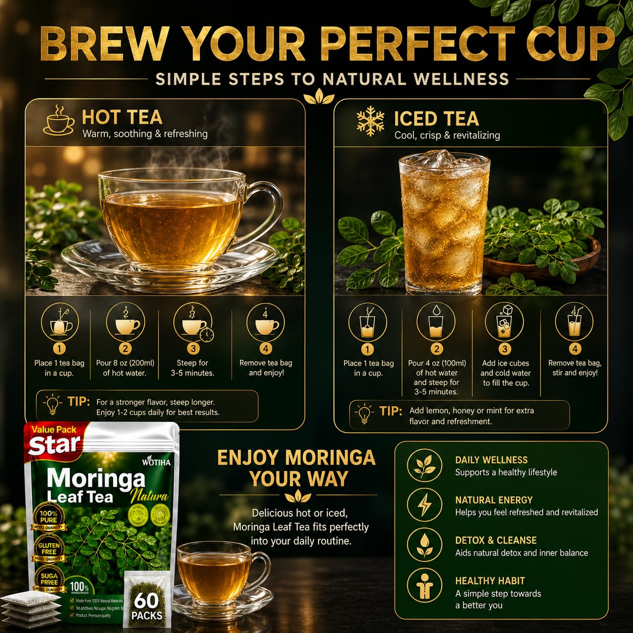 WOTIHA Moringa Tea Herbal Bags, 60 Count,100% Pure &amp; Natural Moringa Leaves, Cultivated From India-Supports Daily Wellness &amp; Digestion, Non-GMO Caffeine-Free