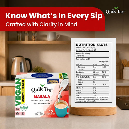 QuikTea Vegan Instant Chai Tea Latte Mix, Masala, Unsweetened, 10 Sachets