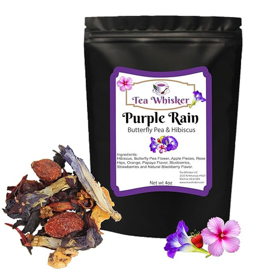 Tea Whisker - Purple Rain | Butterfly Pea & Hibiscus | Floral Herbal | Loose Leaf Tea | 4 Ounce Pouch | Serve Iced or Hot | Non-Caffeinated