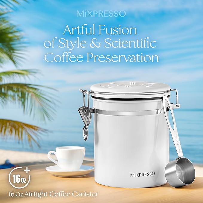 Mixpresso 16 Oz White Coffee Canister, Stainless Steel Airtight Coffee Container, Air tight Jar Tea Storage with Date Tracker, Vacuum Sealed Espresso Airtight Canister, Sugar Container for Home