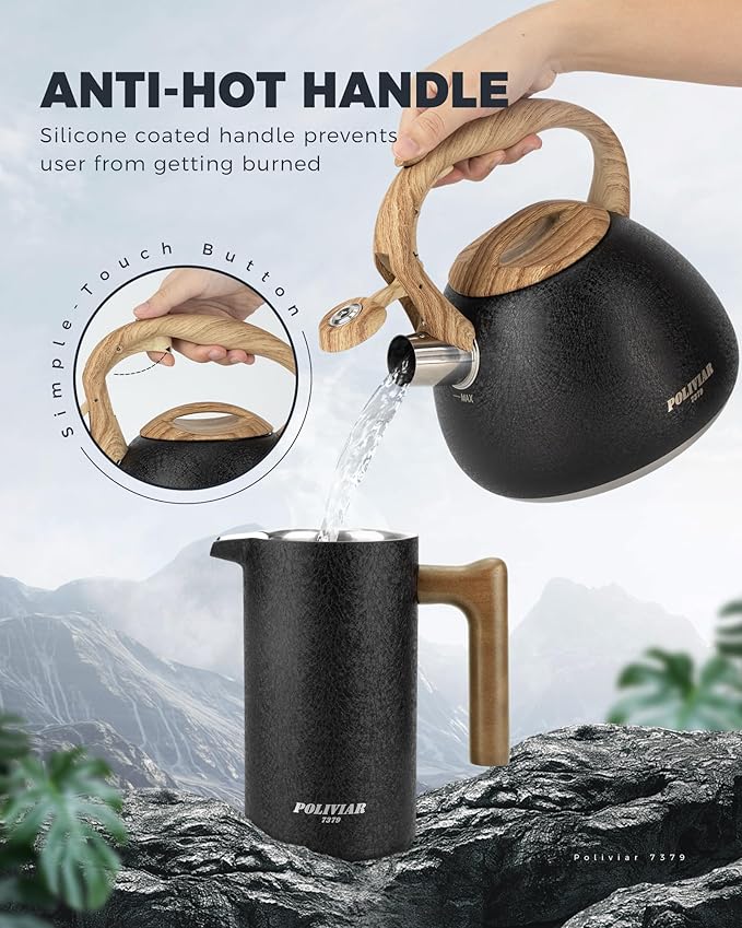 Poliviar Tea Kettle, 2.7 Quart Stovetop Tea Kettle, Audible Whistling Teapot with Crackle Finish, Food Grade Stainless Steel for Anti-Rust